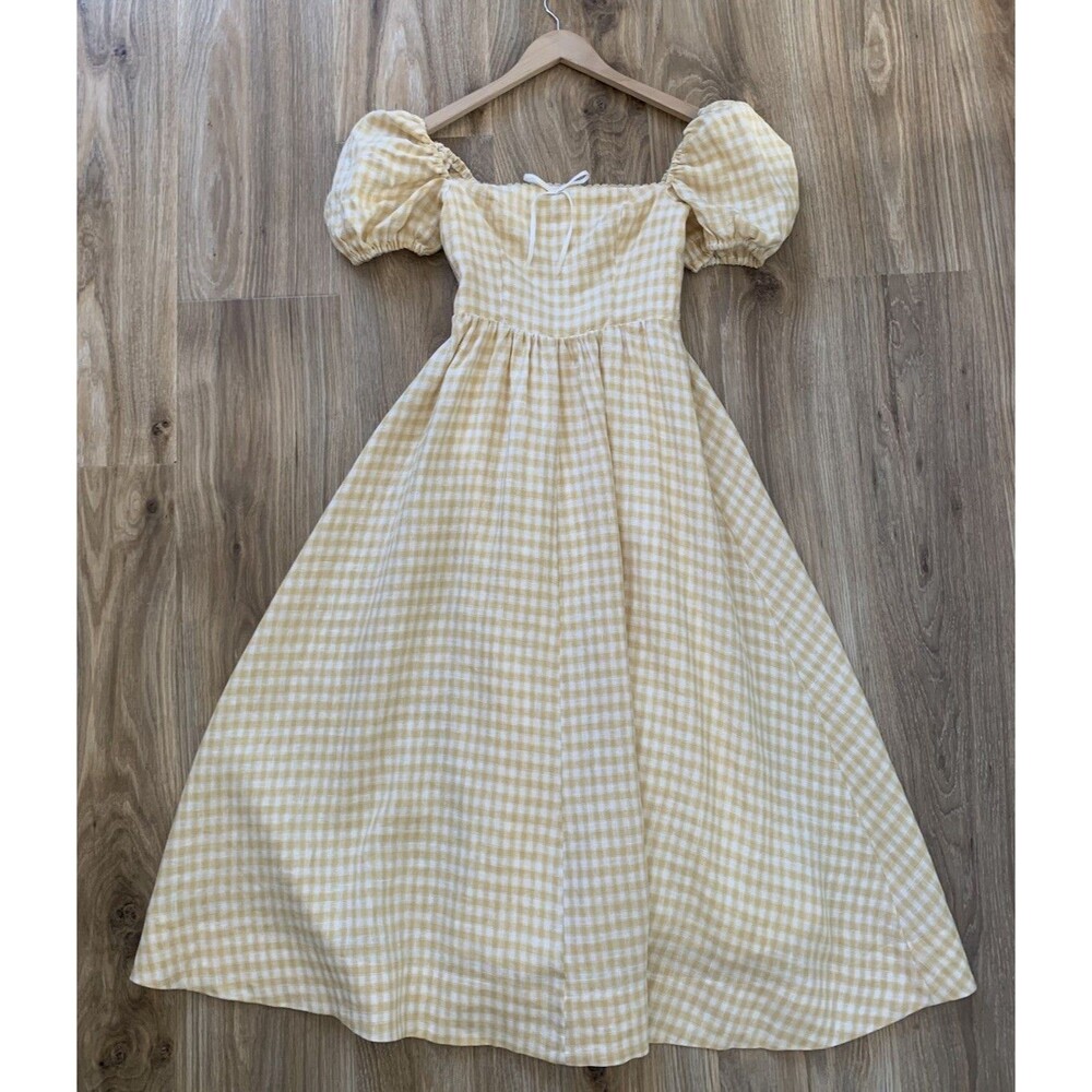 Reformation Marella Linen Midi Dress Sunshine Yellow Gingham Puff Sleeve Size 0